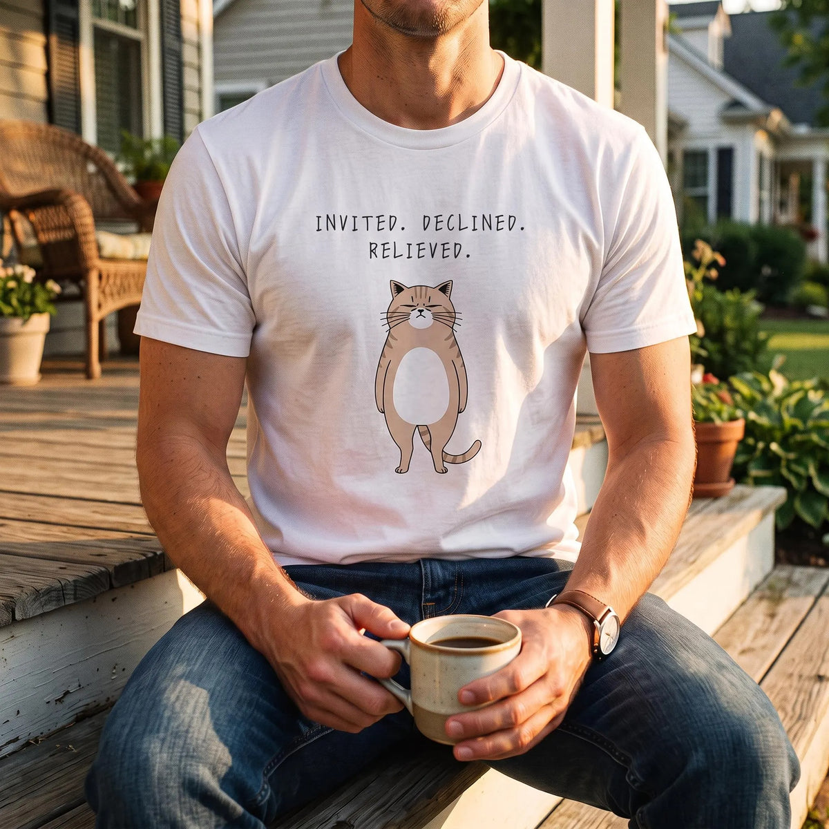 Invited Declined Relieved Cat T-Shirt, Funny Introvert Shirt, Homebody Gift, Relatable Cat Lover Tee