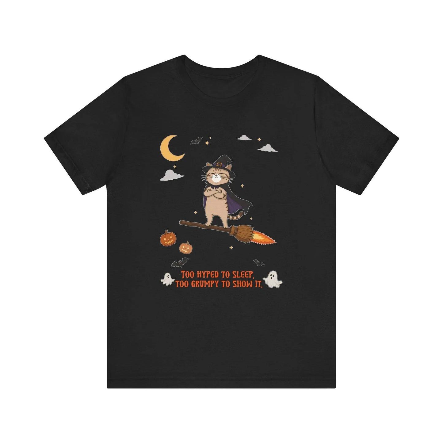 Grumpy Cat Halloween T-Shirt, Too Hyped To Sleep Funny Deadpan Tee, Spooky Cat Graphic Shirt