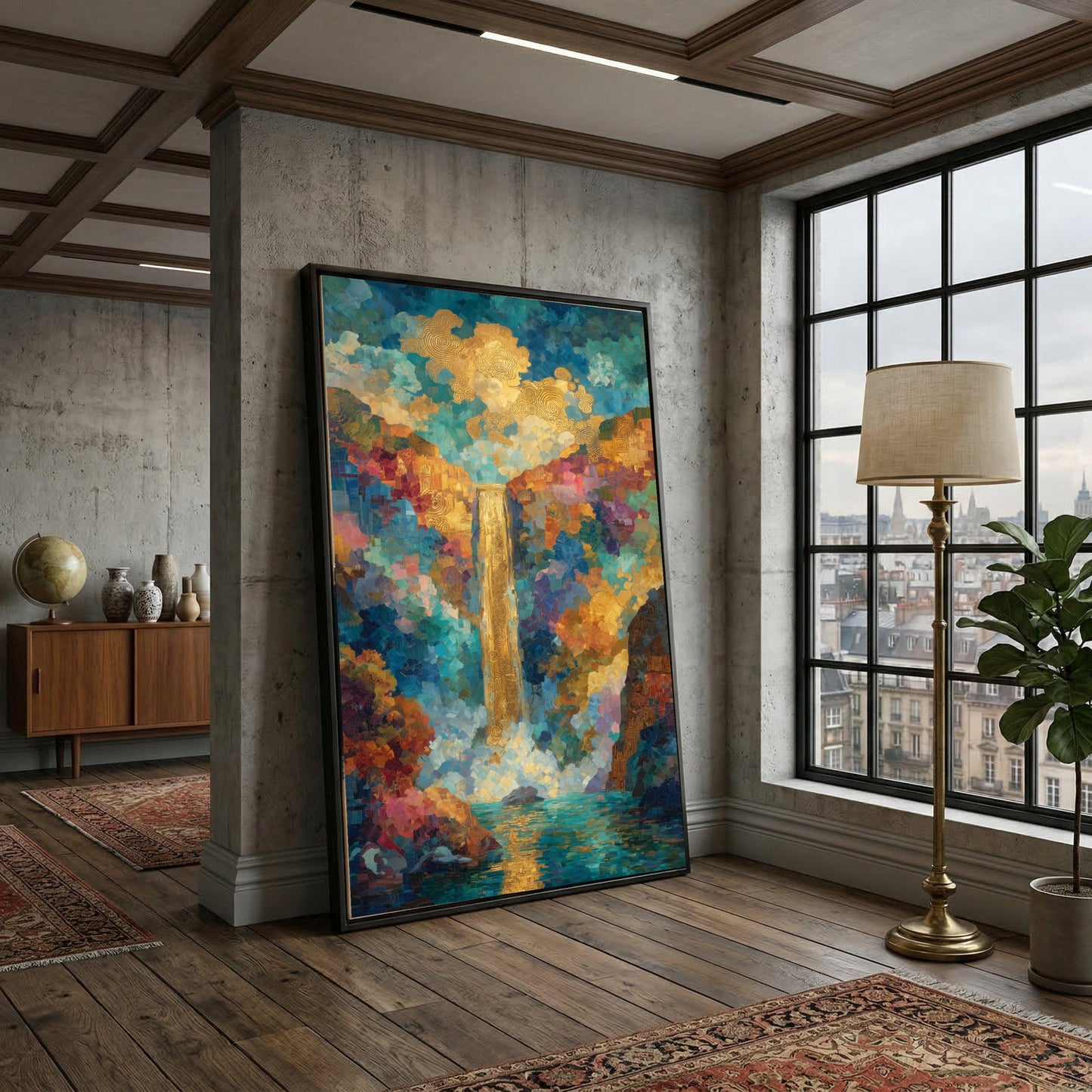 Abstract Waterfall Canvas Wall Art , Modern Blue Nature Print