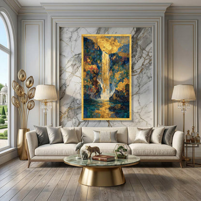 Golden Waterfall Canvas Wall Art ,Elegant Gold and Blue Abstract Nature Print