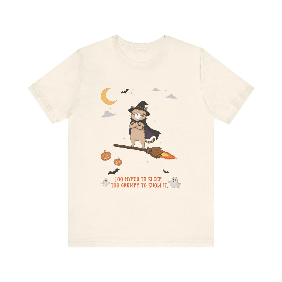 Grumpy Cat Halloween T-Shirt, Too Hyped To Sleep Funny Deadpan Tee, Spooky Cat Graphic Shirt