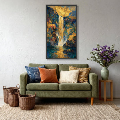 Golden Waterfall Canvas Wall Art ,Elegant Gold and Blue Abstract Nature Print