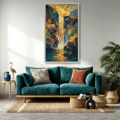 Golden Waterfall Canvas Wall Art ,Elegant Gold and Blue Abstract Nature Print