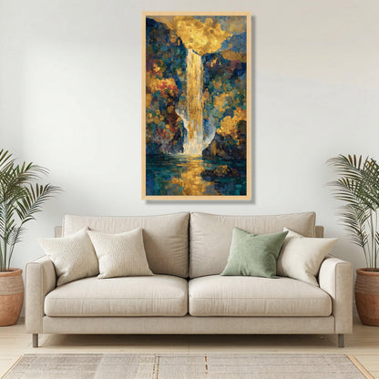 Golden Waterfall Canvas Wall Art ,Elegant Gold and Blue Abstract Nature Print
