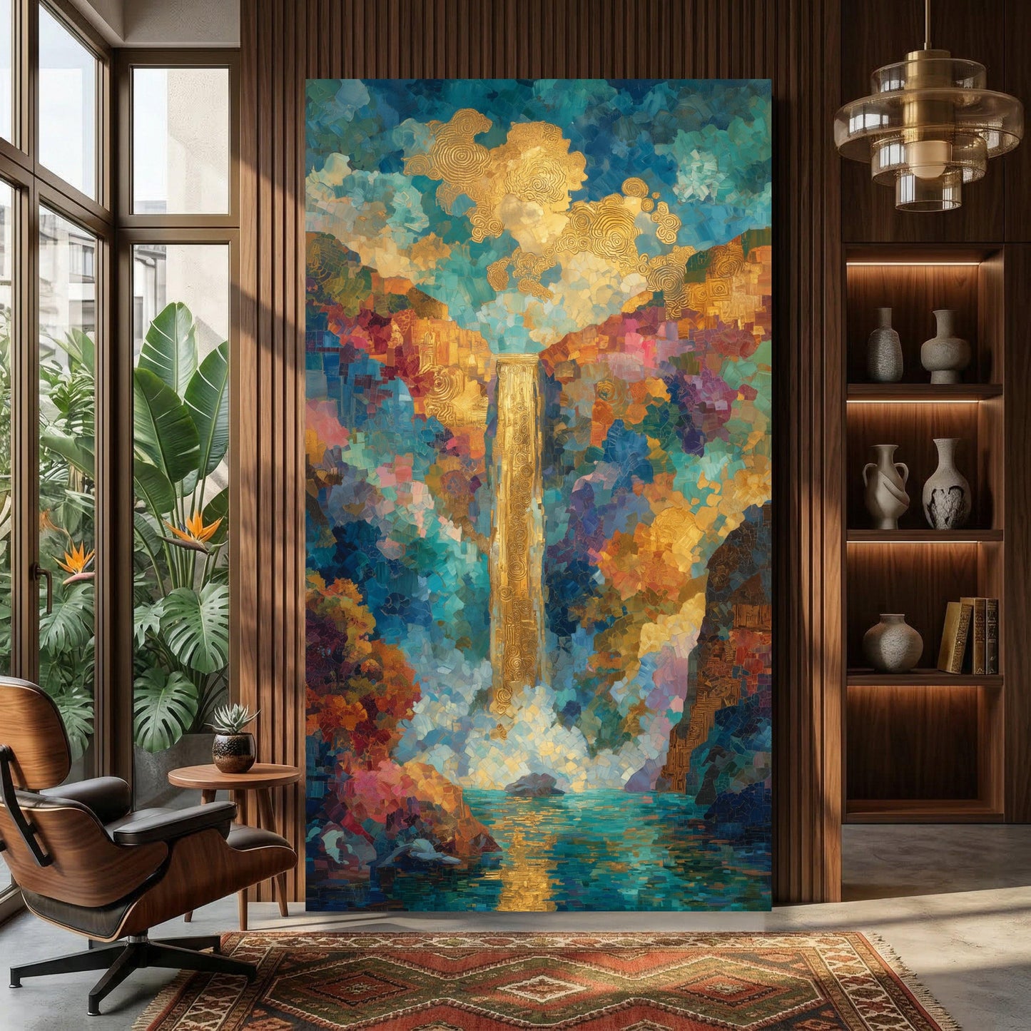 Abstract Waterfall Canvas Wall Art , Modern Blue Nature Print