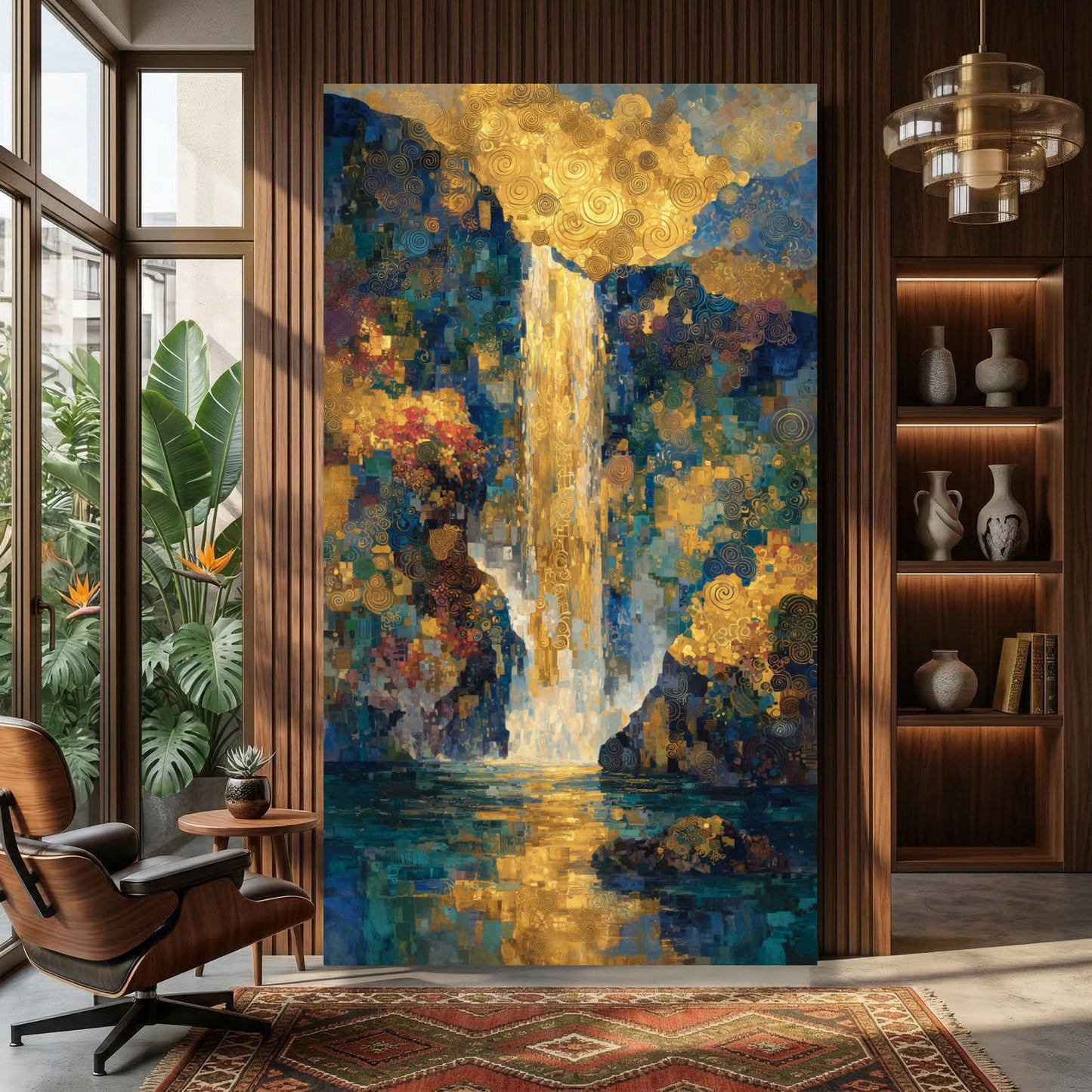 Golden Waterfall Canvas Wall Art ,Elegant Gold and Blue Abstract Nature Print