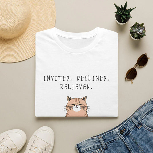 Invited Declined Relieved Cat T-Shirt, Funny Introvert Shirt, Homebody Gift, Relatable Cat Lover Tee
