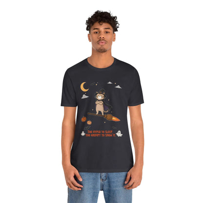 Grumpy Cat Halloween T-Shirt, Too Hyped To Sleep Funny Deadpan Tee, Spooky Cat Graphic Shirt